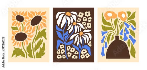 Floral posters set. Abstract spring floral plants, gorgeous bouquets, modern ...