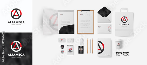 Corporate identity big set with envelope, business card, A4 form and folder. Branding with minimal red and black logo for modern company, stationery for sport or technic shop.