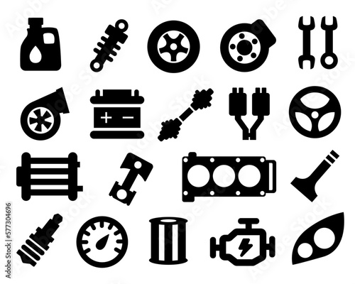 Auto parts. Car spare parts. Set of vector black icons. Big set of spare parts. Vector clipart isolated on white background.
