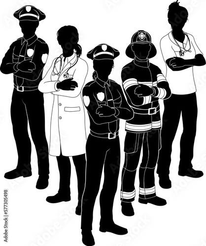 Silhouette emergency services workers team people with medical doctor, firefighter, police etc.