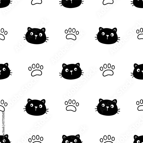 Cute cat face pattern seamless. Hand drawn sketch doodle kitty black face on white background. Cat footprint element. Cute pet pattern. Vector illustration.