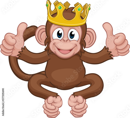 A monkey king cute happy cartoon character animal wearing a crown giving two thumbs up