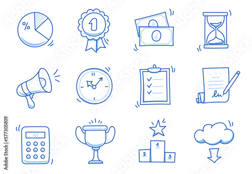 Hand drawn business icon set. Finance, money, investment icon sketch doodle blue pen stroke style. Business success, winner, finance element. Vector illustration.
