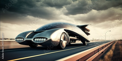 Fliegendes Auto extrem schnell unterwegs im Jahr 2035, ai generativ © www.freund-foto.de