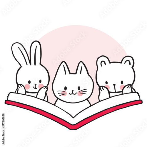 Cartoon cute cat rabbit and bear reading book vector.