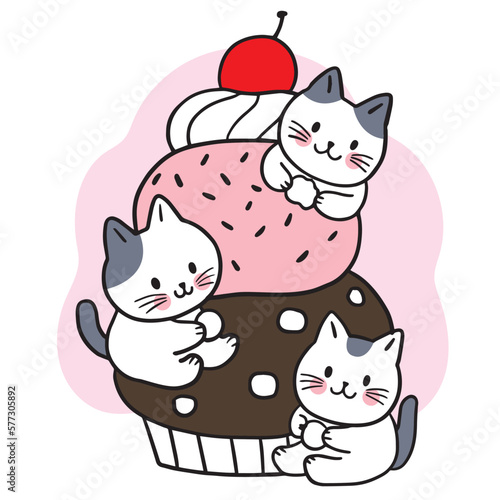 Fotografie Cartoon cute cat and cup cake vector.