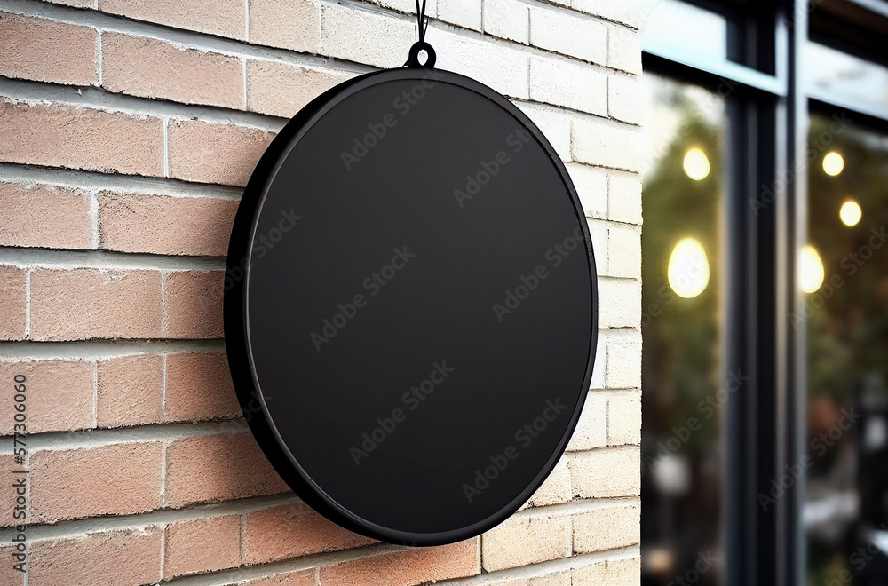 Black blank round circle signboard mock up street store or company on wall, billboard template, generative ai Black blank round circle signboard mock up street store or company on wall, billboard template, generative ai