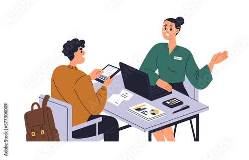 Financial advisor, bank consultant helping, consulting client on finance analysis, tax law. Adviser and person during consultation. Flat graphic vector illustration isolated on white background