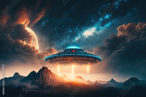 Fototapete UFO in the night sky. Generative AI
