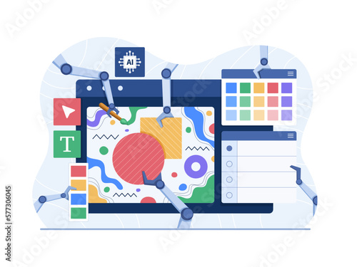 Artificial intelligence (AI) automation quickly generate designs.
An illustration depicting artificial intelligence depicted by automated robotic hands designing a design quickly.