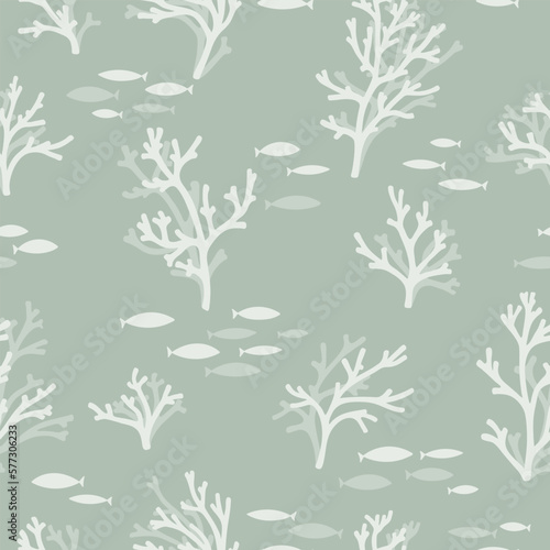 Seamless pattern with Irish moss and fish
