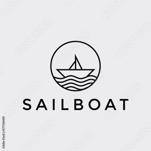 illustration vector graphic sailboat logo design minimalist with circle and wave Fototapet