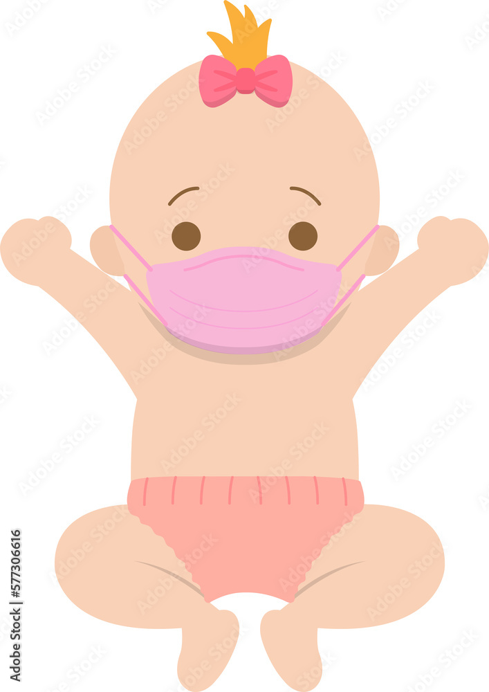 Infant or baby with medical mask, cold or allergy, protection against virus infection Infant or baby with medical mask, cold or allergy, protection against virus infection