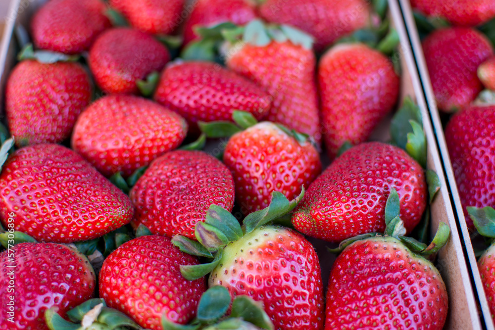Strawberries are displayed in a box at the farmers market. Strawberries are displayed in a box at the farmers market.