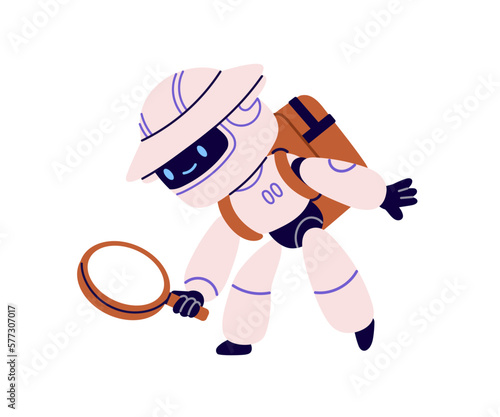 Cute robot searching with magnifying glass. Curious android character finding, researching with magnifier, lens. Discovery, curiosity concept. Flat vector illustration isolated on white background