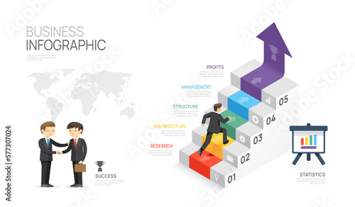 Infographic Modern Stair template for business. 5 steps Timeline, element diagram arrow and topics, presentation vector infographic.