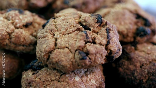 Homemade oat biscuits, oatmeal cookies. Close-up pile of biscuit cookies details and structure