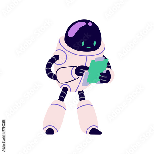 Cute robot in retro futuristic style. Android bot character, smart machine holding document. Smart assistant with clipboard, studying information. Flat vector illustration isolated on white background