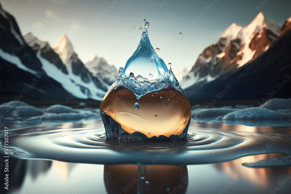 A water droplet on melting glacier puddle with icicles in the North Pole, Melted glacier reflecting the fragile state of the Arctic due to climate change, Global warming. Ai Generative A water droplet on melting glacier puddle with icicles in the North Pole, Melted glacier reflecting the fragile state of the Arctic due to climate change, Global warming. Ai Generative