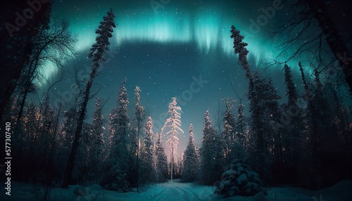 Mystical Snowy Forest with Polar Lights Illuminating the Sky