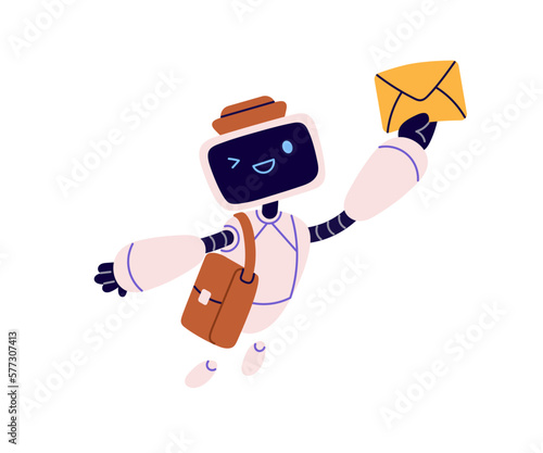 Cute robot character from post delivery service. Robotic postman with envelope. Retro android machine with email letter. Electronic mail concept. Flat vector illustration isolated on white background