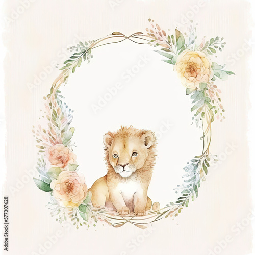 Watercolor Childish Frame with Little Lion. Illustration AI Generative