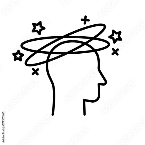 Man feel dizzy and headache. Tired man with nausea icon. Dizziness, migraine, headache, distracted.