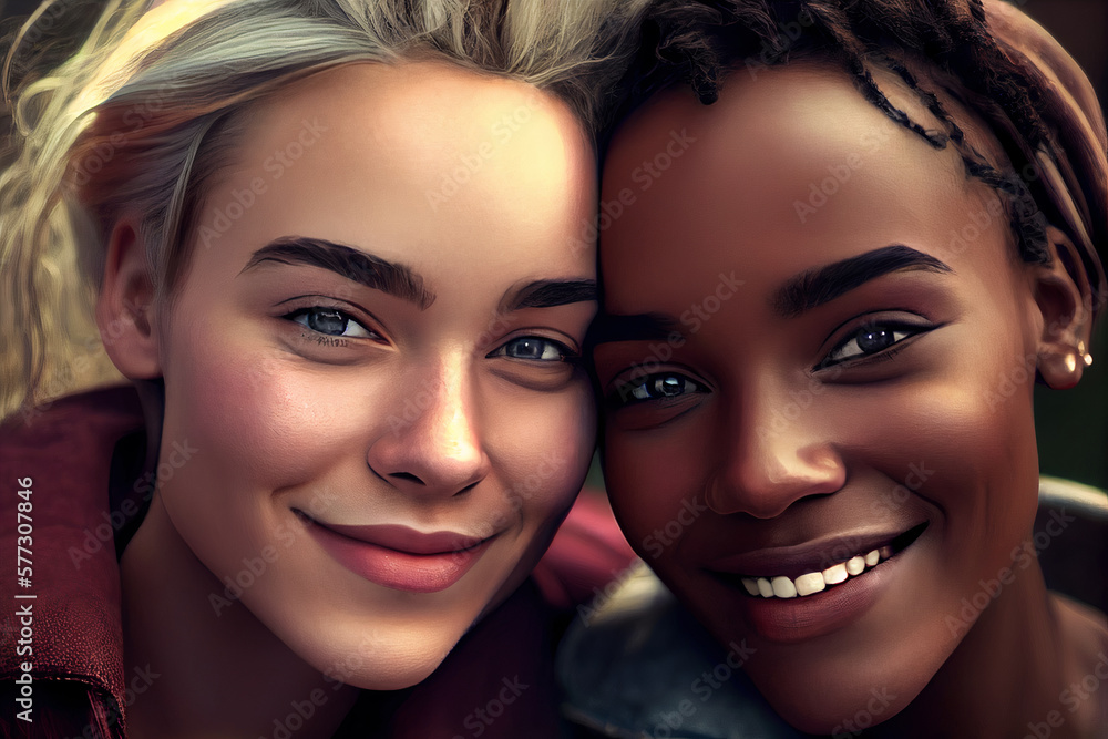 Portrait of a smiling happy lesbian couple. LGBT concept free relationship and multiracial. Generative AI Portrait of a smiling happy lesbian couple. LGBT concept free relationship and multiracial. Generative AI