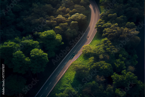 Aerial view of a car on the road in the green forest . AI