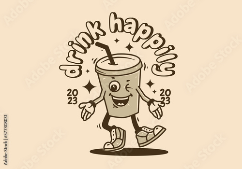 Mascot character of drinking glass with a straw with happy face