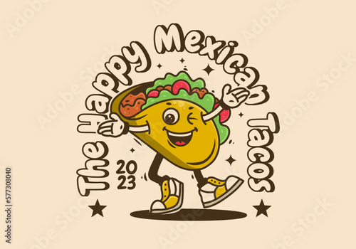 Mascot character of walking tacos with happy face