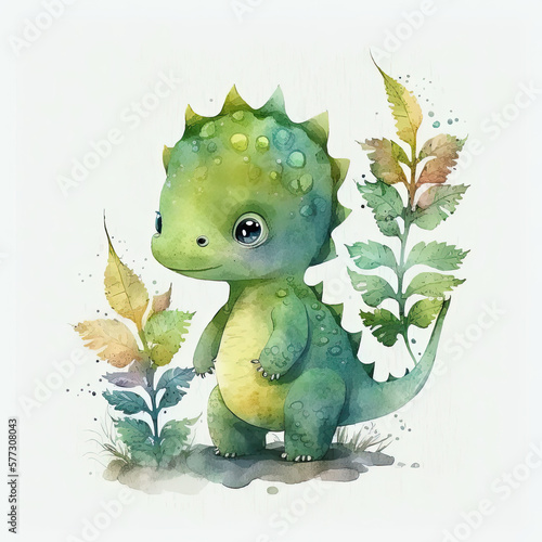 Cute Watercolor Baby Dino. Illustration AI Generative © olegganko