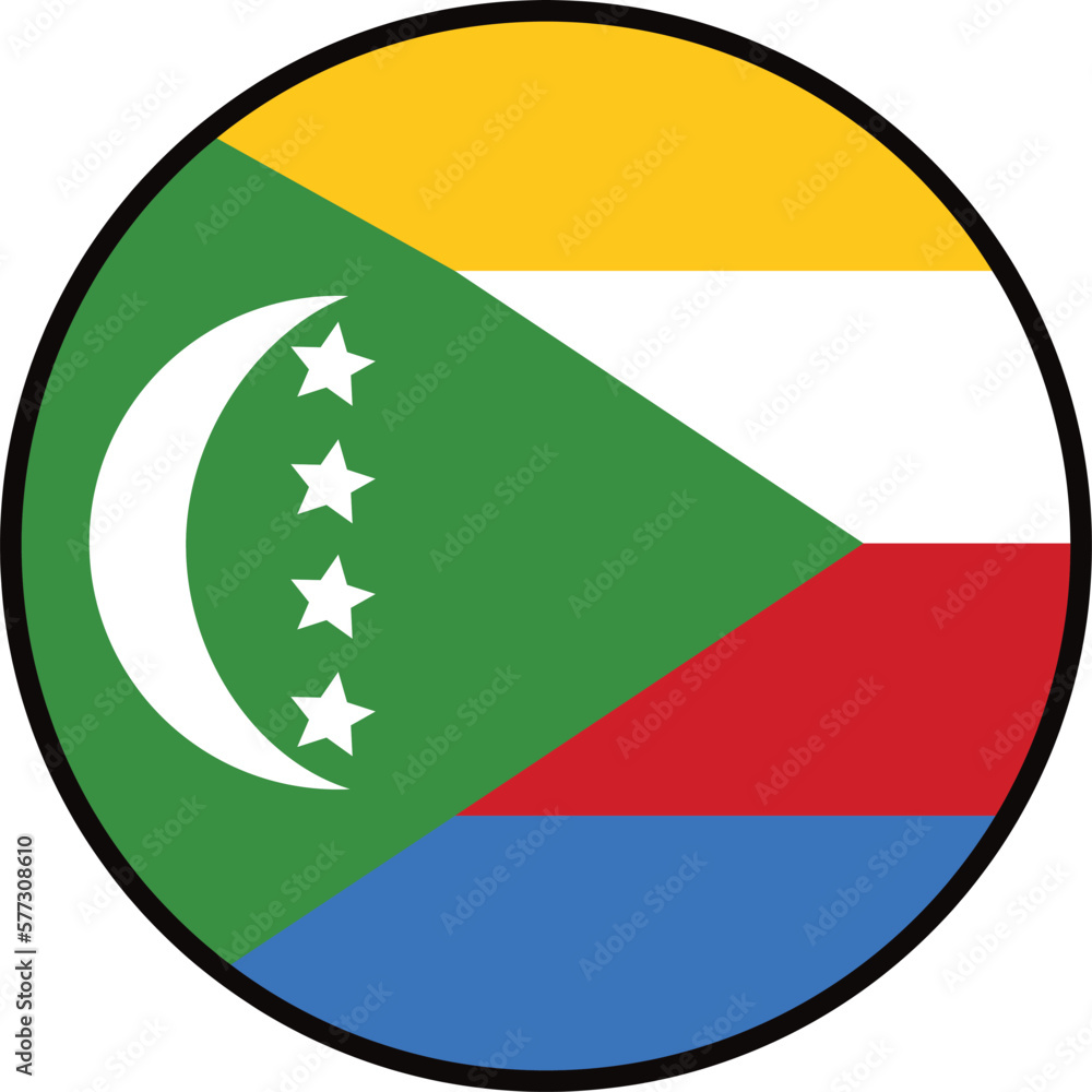Flag of Comoros in circle. Comoros Round Country Flag. Circular Comorian National Flag. Union of the Comoros Circle Shape Button Banner. flat style. Flag of Comoros in circle. Comoros Round Country Flag. Circular Comorian National Flag. Union of the Comoros Circle Shape Button Banner. flat style.