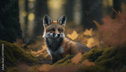 A little fox in an autumn forest