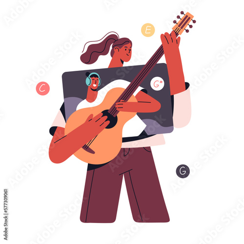 Online music education concept. Woman learns to play guitar by internet video. Girl performs on instrument with distant teacher at virtual lesson. Flat vector illustration isolated on white background
