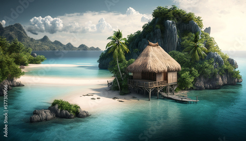 Exotic view of a tropical island with a hut surrounded by a lagoon