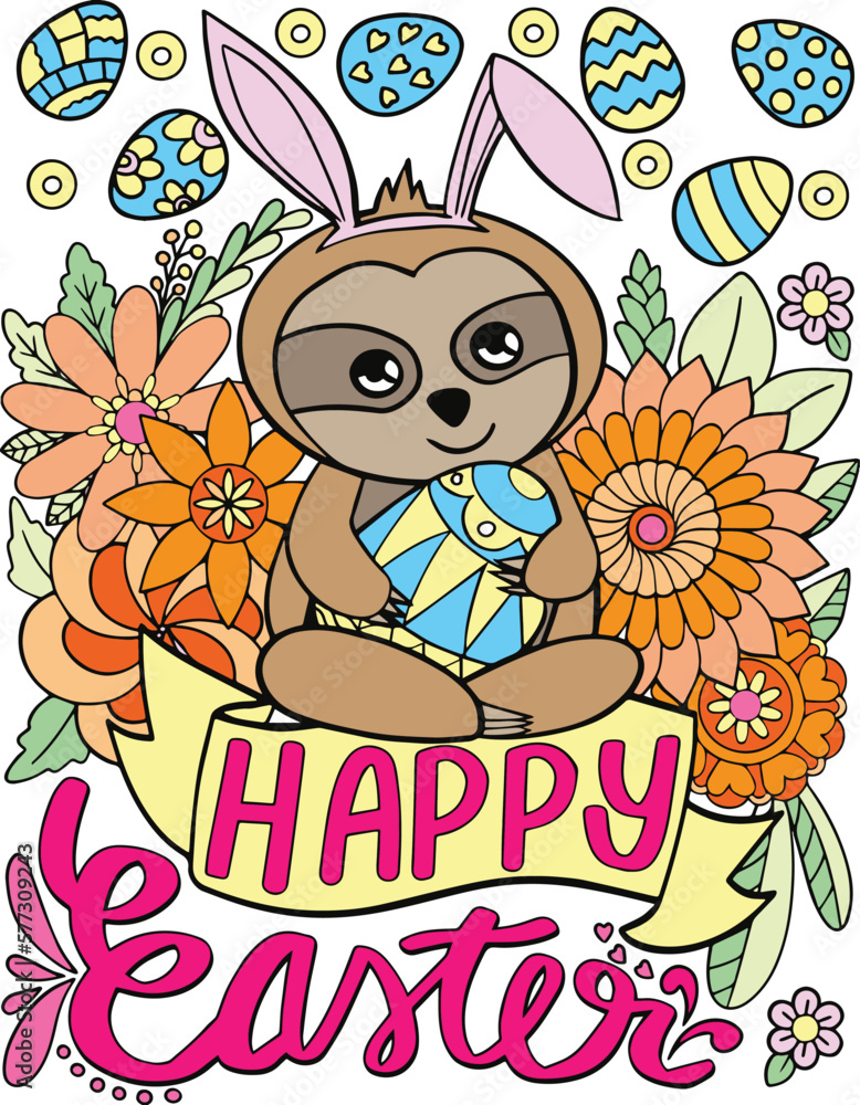 Fototapeta premium Cute Sloth with flowers and eggs element for Easter day. Hand drawn with black and white lines. Coloring for adult and kids. Vector Illustration 