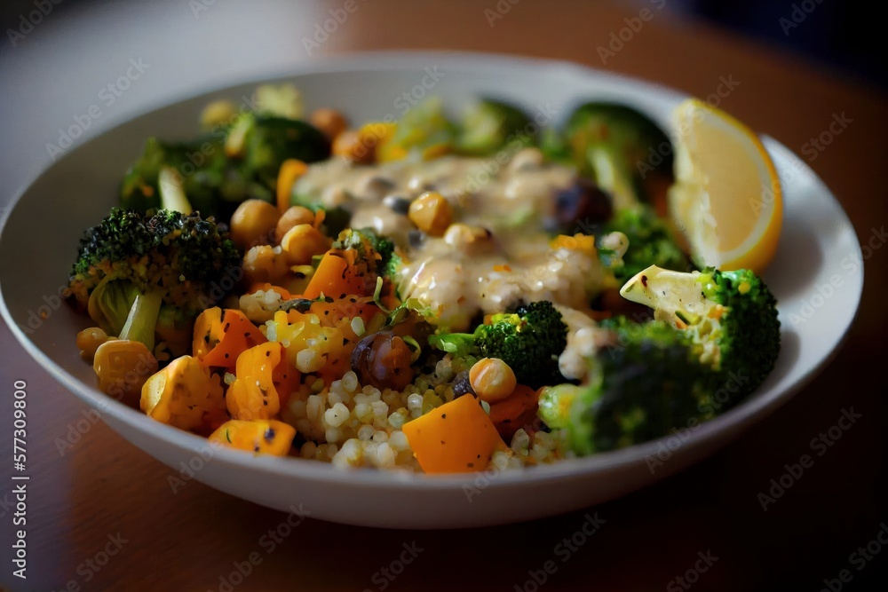 Quinoa and Roasted Vegetable Bowl: Cooked quinoa mixed with roasted vegetables like sweet potato, broccoli, and cauliflower. Add avocado slices, chickpeas, kale, and a drizzle of tahini dressing Quinoa and Roasted Vegetable Bowl: Cooked quinoa mixed with roasted vegetables like sweet potato, broccoli, and cauliflower. Add avocado slices, chickpeas, kale, and a drizzle of tahini dressing