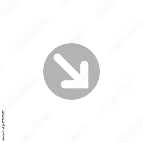 White right and down arrow in grey circle icon. Isolated on white. Continue icon. Download button. Point sign. South east arrow. Vector illustration