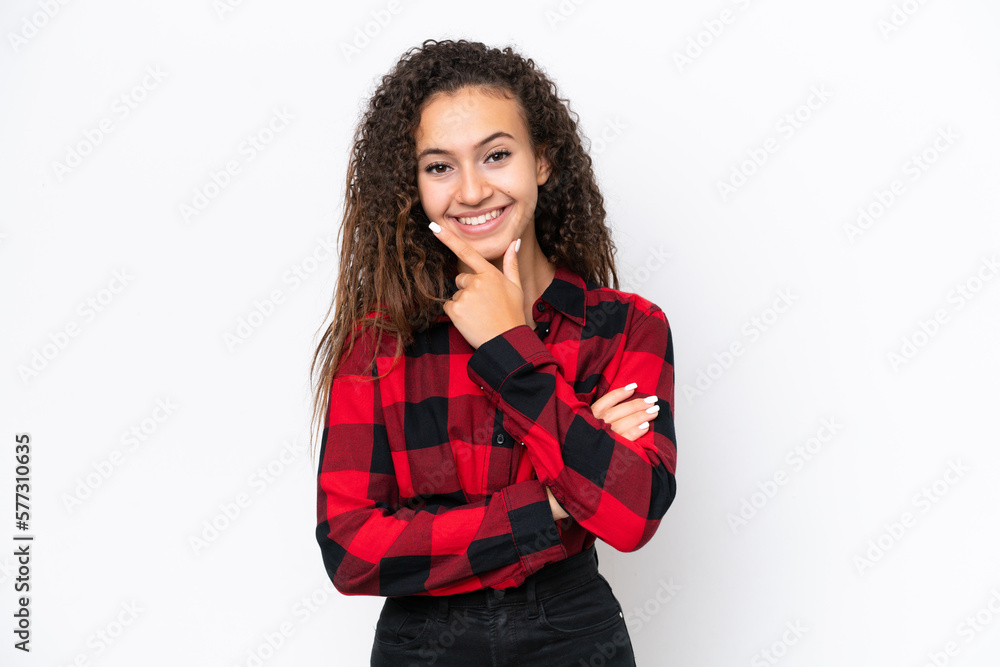 Young Arab woman isolated on white background happy and smiling Young Arab woman isolated on white background happy and smiling