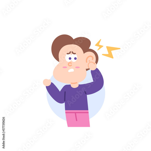 a boy feels pain in the ear. Symptoms of infection, inflammation of the ears, Labyrinthitis, perichondritis, otomycosis, otitis media and otitis externa. bear the pain. character illustration design