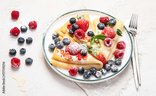 Healthy breakfast, homemade traditional crepes or pancakes