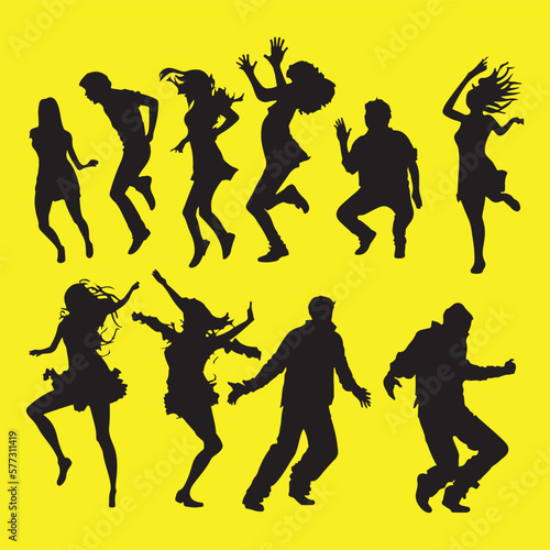 silhouettes of dancing people group vector illustration. Dancing man and woman, couple silhouette set photo