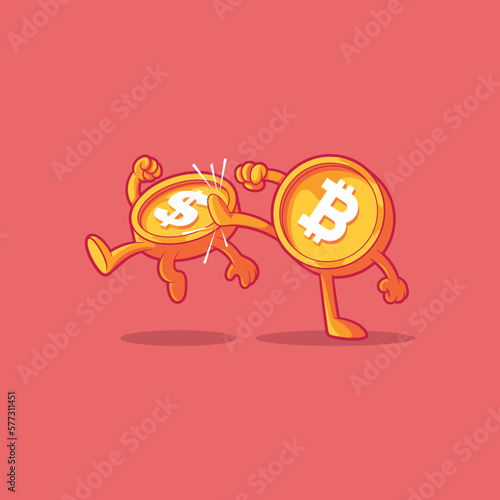Crypto coin fighting a money coin vector illustration. Finance, cryptocurrency, economy design concept.