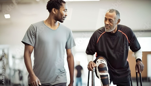 full body physiotherapist helping disabled African-american man walk with prosthetic leg, Generative AI