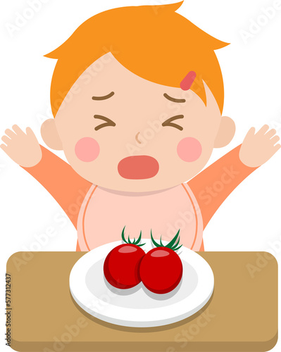 Picky eater child or baby with tomato, refusing to eat, crying loudly