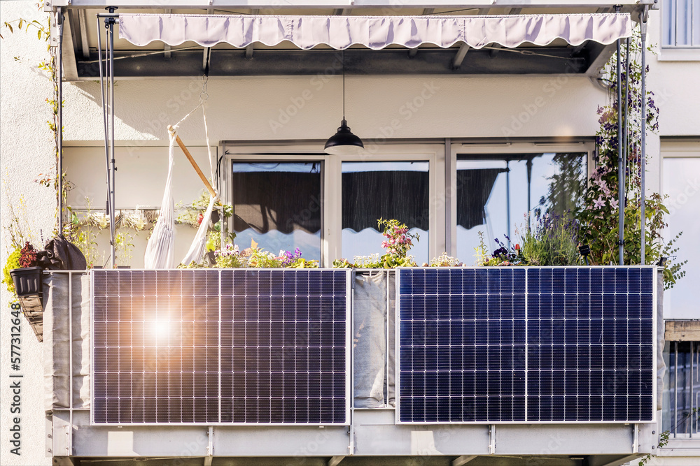 Solar Panel on Balcony of Modern Apartment Building in City with Sun
