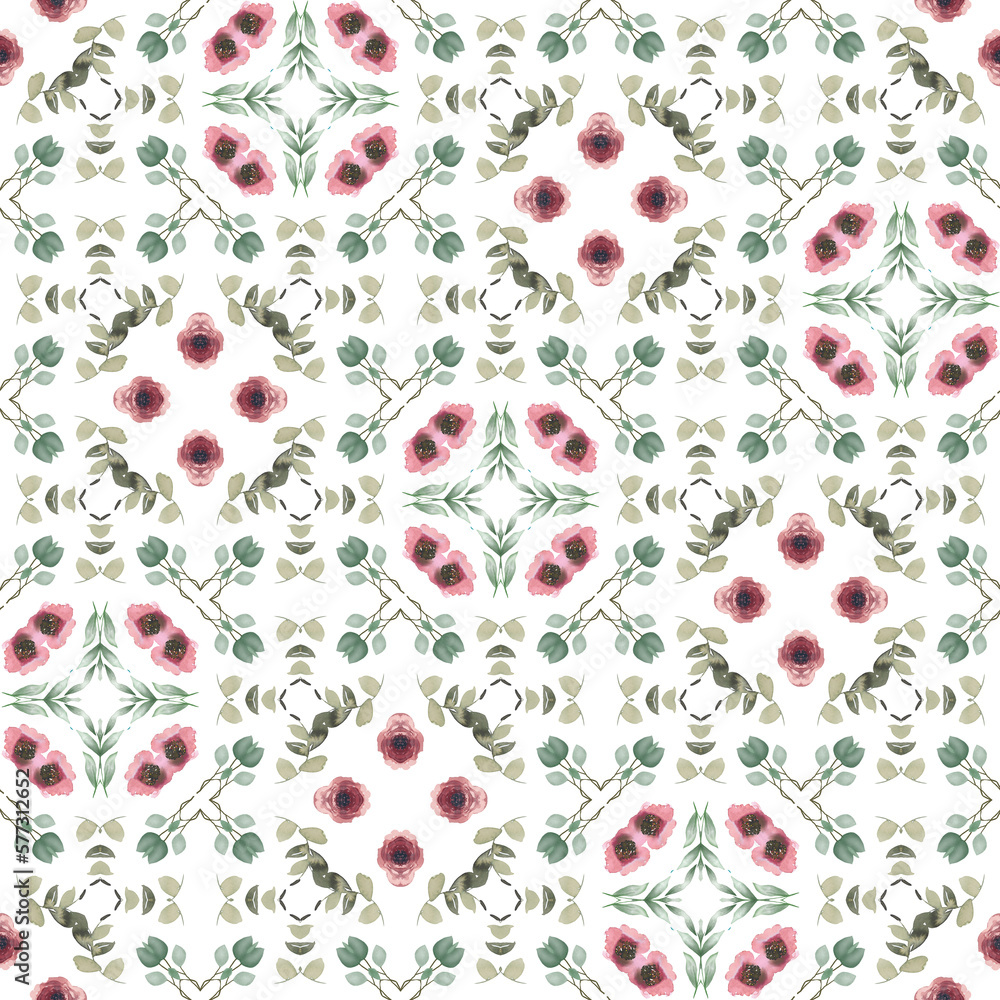 Fototapeta premium Seamless Pattern of Vintage Floral Illustration with Green Leaves and Branches, Perfect for Wrappers, Wallpapers, Postcards, Greeting Cards, Wedding Invitations, and More