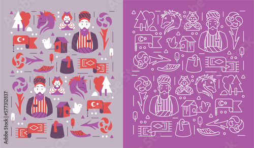 Set of vector icons in pattern  trees  horse  turkey flag  birdhouse  etc. Pattern in grey-violet color.