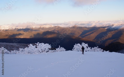 snow shoe figure in snowy winter Australian alpine landscape with icy snow gum trees and Victorian high country in background